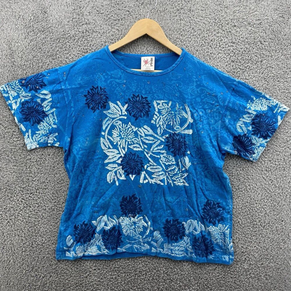 Vintage EZL Marcy N Me Colorful Blue T‎ Shirt One Size Tropical Floral Print